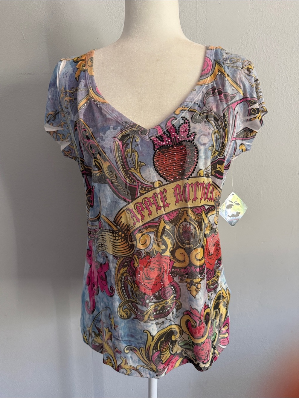 NWT Vintage Y2K Apple Bottoms Rhinestone Graphic Tee • Size XL Fits Like M